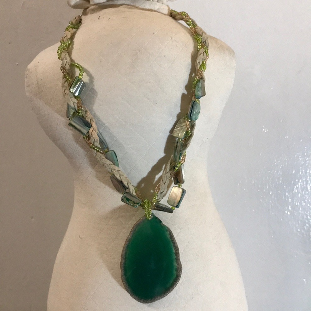 Green agate geode and leather necklace